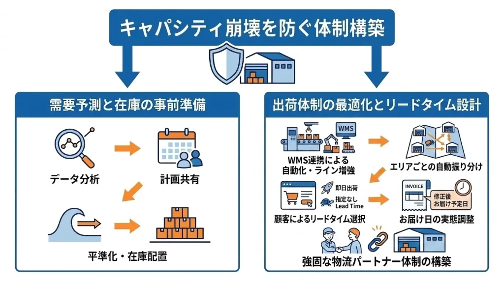 キャパシティ崩壊を防ぐ体制構築のポイントをまとめたイラスト