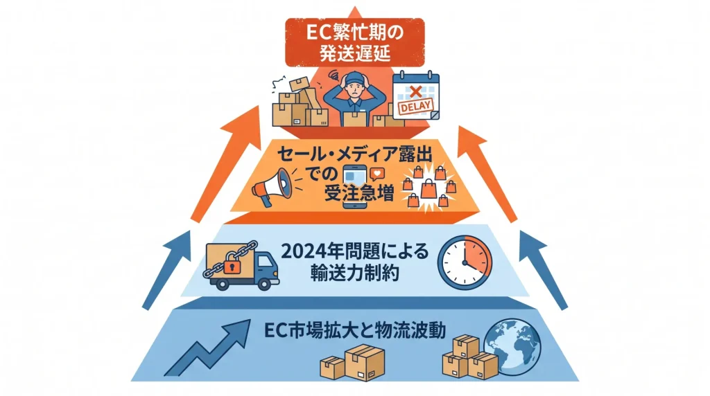 EC繁忙期に発送遅延が起きる背景を表したピラミッド図