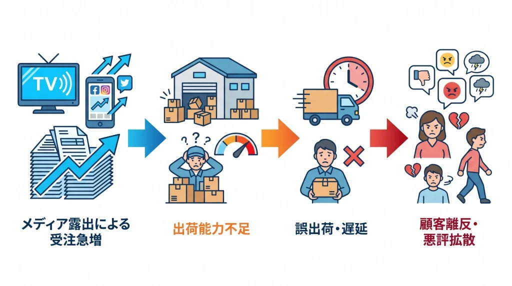 セール時・メディア露出時に起こりやすい出荷トラブルを時系列にまとめたイラストです。