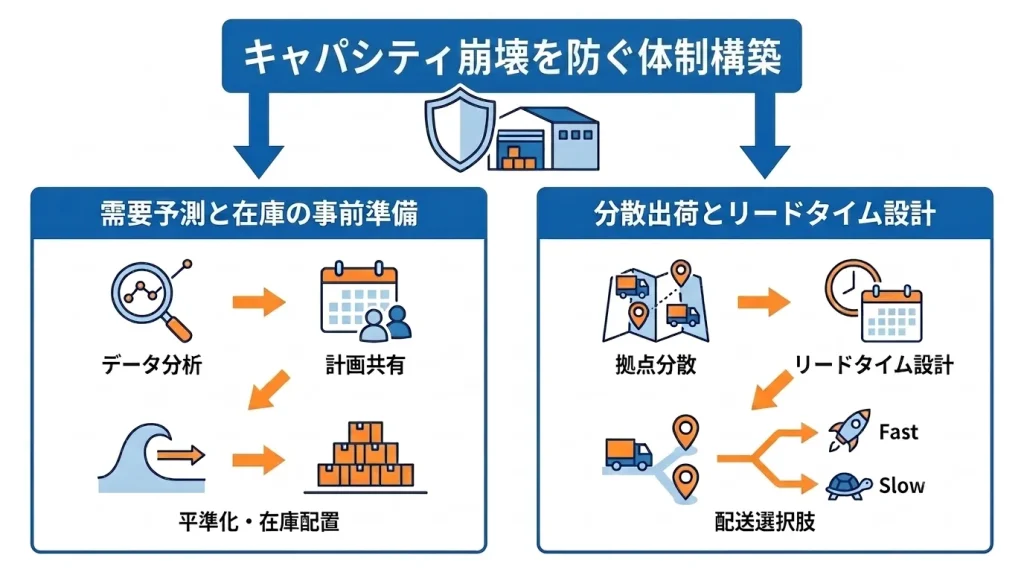 キャパシティ崩壊を防ぐ体制構築のポイントをまとめたイラスト